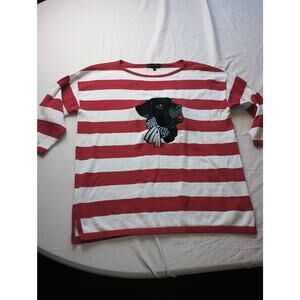 Bua//Bua Red White Stripped Dog Print Sweater Women Size Medium Sweet Animal